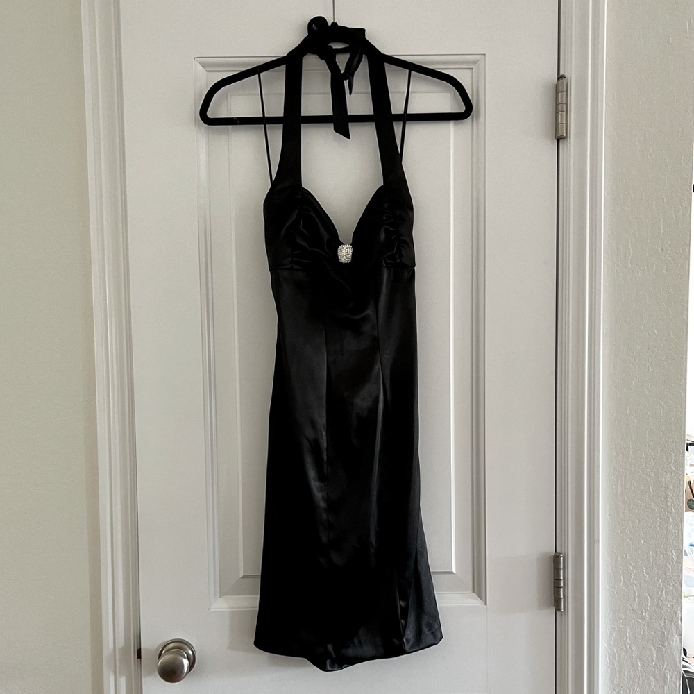 Black satin fitted dress, size 6, cross back detail